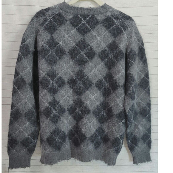 R13 Fluffy Plaid Oversized Distressed Edge Cardi Charcoal Blk Argyle Plaid, XS - Picture 11 of 16